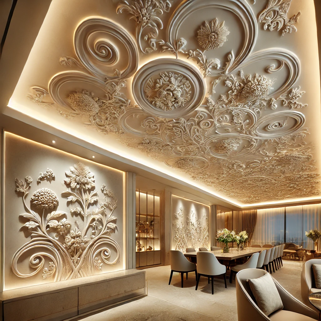 گچبری مدرن طرح گل و بوته: تلفیق اصالت و نوآوری در دکوراسیون داخلی با سیمین گچبری