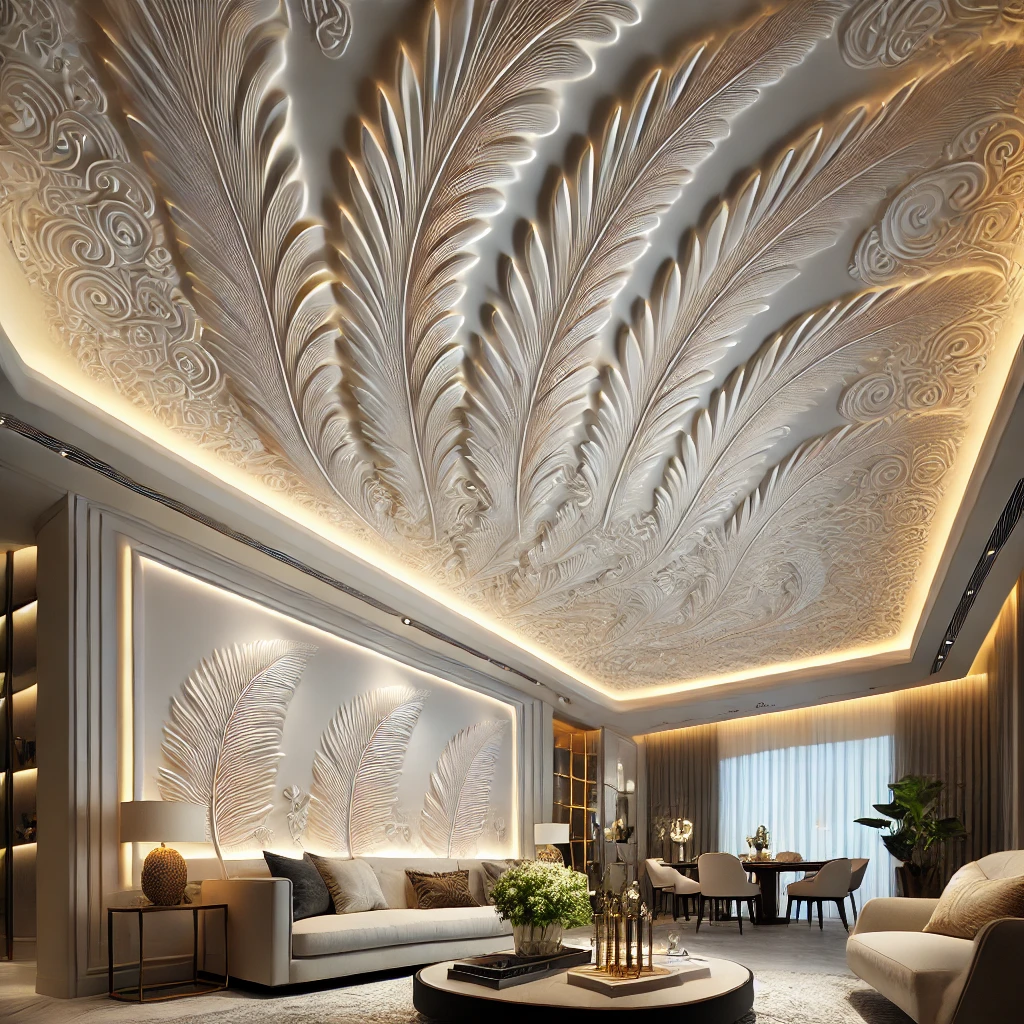 گچبری مدرن طرح پر : تلفیق هنر و ظرافت در دکوراسیون داخلی با سیمین گچبری